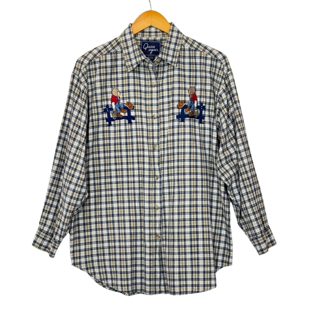 Let's Quizz Again Top Women's M Blue Plaid Teddy Bear Cottagecore Ranch Festival